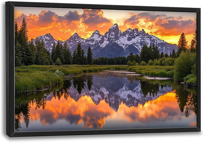 Large Mountain Lake Wall Art for Living Room, Forest Tree Canvas Wall Decor, Sunset Pictures Framed Painting, Natural Landscape Artwork for Bedroom Office 36L'' × 24W''