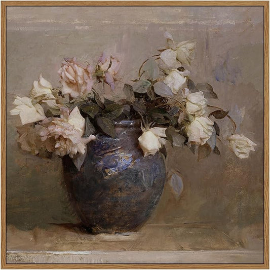InSimSea Square Framed Canvas Wall Art, Flowers Farmhouse Prints Vintage Classical Floral Rose in Vase Pictures Wall Decor Paintings, Canvas Wall Decor for Living Room Kitchen Bathroom 12"x12"