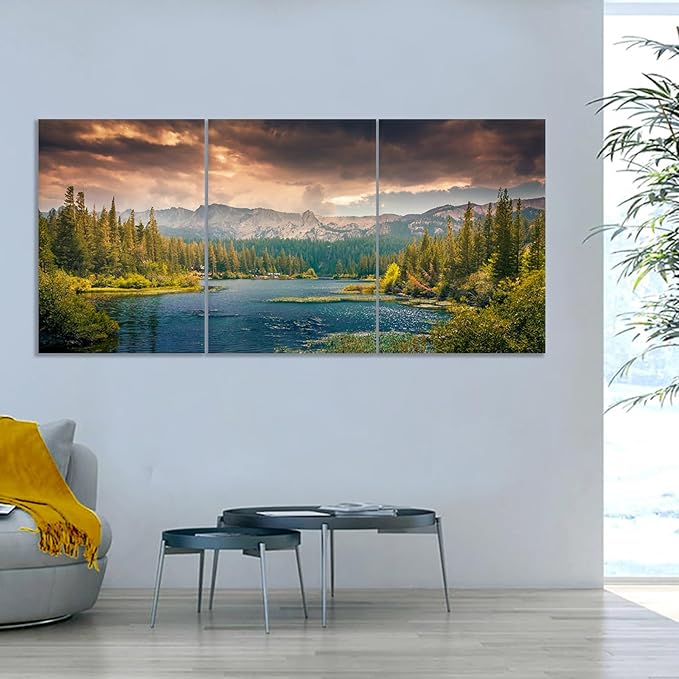 Lake Poster Wall Art Wall Decor Lake Mountain Forest Nature Park Landscape Picture Print on Canvas 3 Pieces Painting Artwork for Modern Home Living Room Workplace Stretched and Framed [60''Wx28''H]