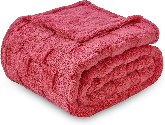 NEWCOSPLAY Super Soft Twin Blanket Coral Pink Premium Silky Flannel Fleece 3D Checkered Lightweight Bed Blanket All Season Use (Coral Pink Checkered, Twin(60"x80"))