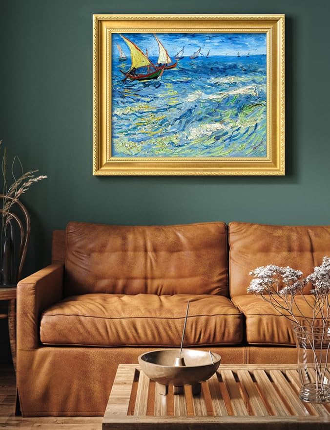 DECORARTS - Fishing Boats at Sea by Vincent Van Gogh. Giclee Print on Acid-Free Canvas in Gold Solid Wood Frame. Picture Size: 20x16, Total Size: 24.75x20.75, Made in USA