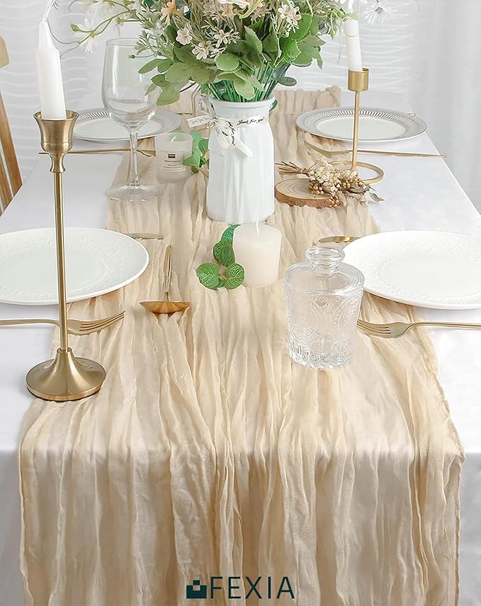 FEXIA Beige Cheesecloth Table Runner 35x120 Inches Ivory Gauze Rustic Boho Spring Easter Table Runner for Engagement Party Decorations Bridal Shower Wedding Party First Communion Centerpiece
