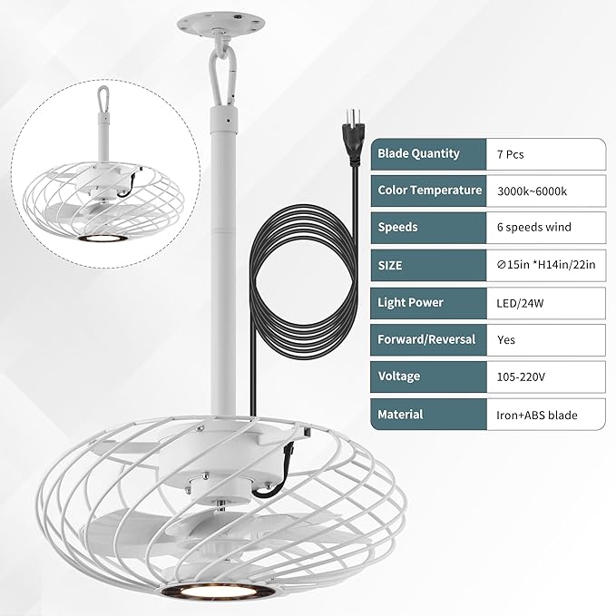 15" Outdoor Ceiling Fan with Light, Waterproof Gazebo Fan Remote Control, Dimmable LED Light, Hanging White Caged Ceiling Fixtures with Plug in Cord for Pergola