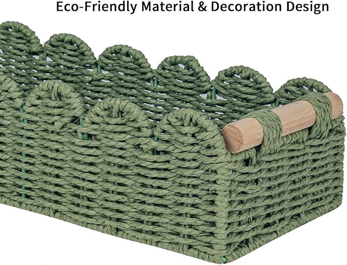 CubesLand Scalloped Edge Decor Baskets for Home, Living Room, Toilet Paper Storage Basket for Over Toilet Shelf, End Table,Shelves and More, Small Paper Rope Baskets Both Storage&Decor, Set 2 Green