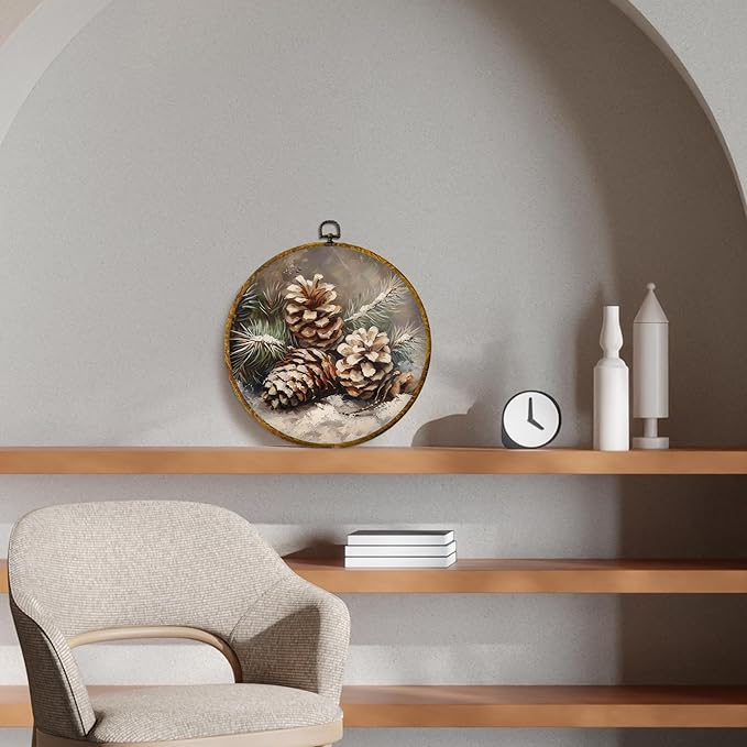 CUANFDDSF Vintage Christmas Winter Pinecones Round Wall Art Decor, Rustic Nature Pine Cone Wall Hanging Frame Decor, Farmhouse Christmas Winter Canvas Prints Decorations for Home Bedroom, 10x10 Inch