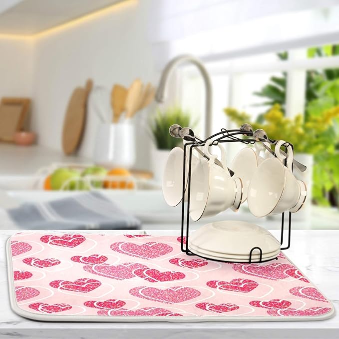 Happy Valentines Day Hearts Dish Drying Mat 16 X 18 Inch Stars Romantic Red Pink Glitter Love Heart Dry Dishes Pads Drainer Mats Tableware Protector for Home Kitchen Countertops Counter Decorations