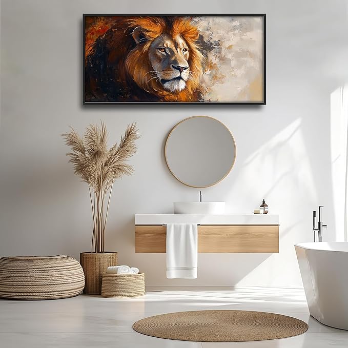 Lion Framed Wall Art for Living Room, Large Brown Lion Canvas Wall Decor, Wild Animal Pictures Painting, Modern Artwork for Bathroom Bedroom Office 60L'' × 30W''