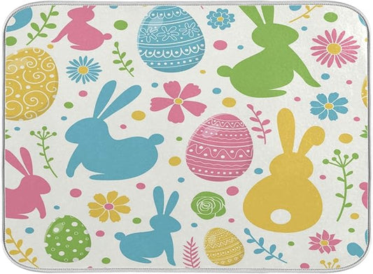 Flowers Eggs Bunny Easter Dish Drying Mat 16 X 18 Inches Spring Rose Leaves Peeps Rabbits Dry Dishes Pads Mats for Kitchen Tableware Protector Countertops Counter Home Decorations