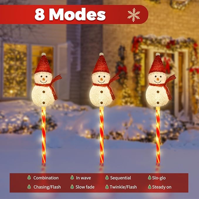 Set of 3 Snowman Solar Christmas Decorations, 8 Modes Solar Garden Lights, Candy Cane Christmas Stake Light, Outdoor Xmas Decor for Yard, Patio, Pathway (Warm White)