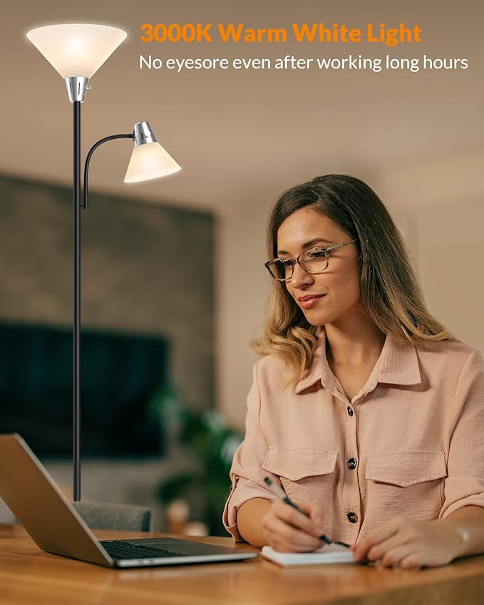 LEPOWER Floor Lamp, Standing Lamp Replaceable 3000K Energy-Saving, Lamp for Living Room with Adjustable Reading Light, Modern Bright Floor Lamp for Bedroom, Living Room, Office