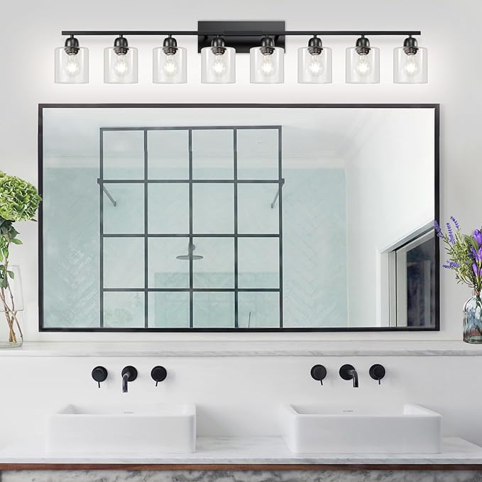 8 Light Black Bathroom Light Fixtures Over Mirror, Modern Bathroom Lighting with Clear Glass,51 inch Lights for Vanity for Oversized Mirrors, E26 Base