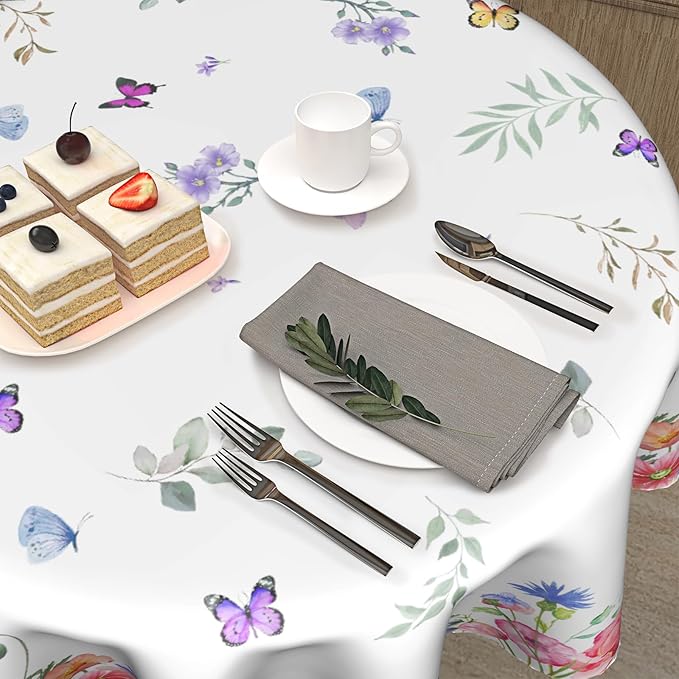 Spring Flower Tablecloth Round 60 Inch Spring Floral Tablecloths Watercolor Butterfly Flower Table Cloth Round Farmhouse Wildflowers Tablecloths Washable Table Cover for Indoor Outdoor Table Decor