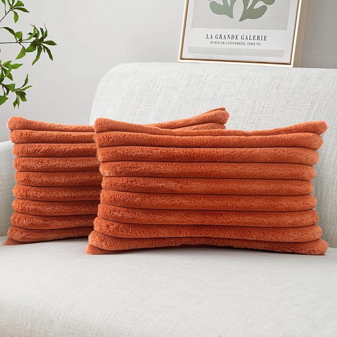 MIULEE Fall Faux Fur Lumbar Decorative Throw Pillow Covers 12x20 Inch Set of 2, Retro Vintage Boho Home Decor Soft Plush Couch Pillows Cozy Fluffy Cushion Covers for Sofa Bed Burnt Orange