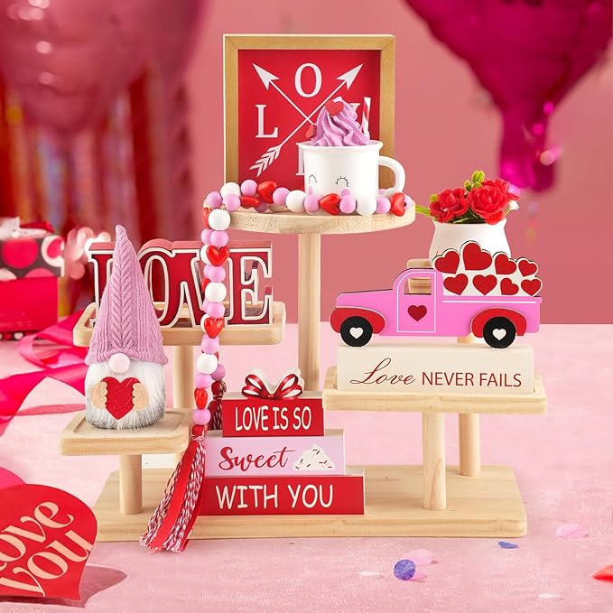 8 Pieces Valentine's Day Tiered Tray Decor, Valentine Home Table Tray Shelf Decor Gifts, Tray Objects Decoration Bundle Plush Gnome Ceramic Wood Sings Bead Garland Love Plaques Decorative Set
