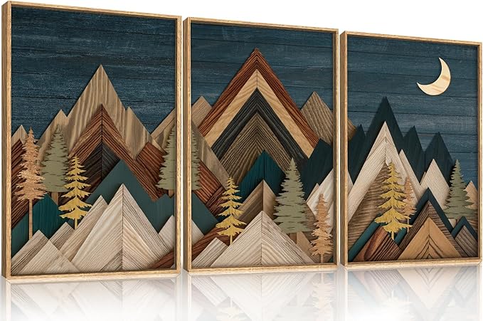 HPINUB Mountain Woodcut Style Framed Canvas Wall Art Set,Vintage Pine Tree Wall Decor, Nature Country Wilderness Forest Artwork,Modern Navy Blue Art Prints for Living Room,Bedroom,Farmhouse-16 x24 x3
