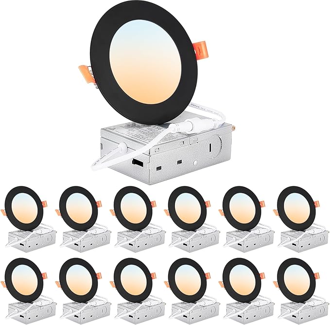 DLLT LED Recessed Ceiling Lights: Black 12 Pack 4 Inch 5CCT Ultra-Thin Lighting with Junction Box for Bedroom - 900LM Brightness 9W Eqv 80W Dimmable Canless Wafer Downlight with ETL&FCC