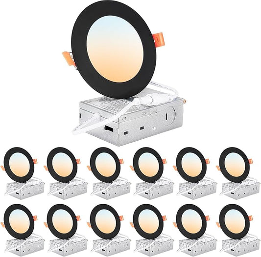 DLLT LED Recessed Ceiling Lights: Black 12 Pack 4 Inch 5CCT Ultra-Thin Lighting with Junction Box for Bedroom - 900LM Brightness 9W Eqv 80W Dimmable Canless Wafer Downlight with ETL&FCC