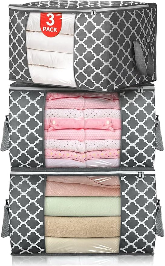 3 Pack Large Storage Bag Clothes Storage Organizer with Durable Handles for Closet Storage, Comforter, Blankets, Bedding and Toys 90 L