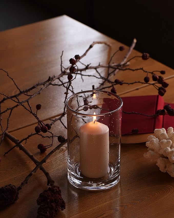 ARIAMOTION Hurricane Candle Holder for Pillar Glass Cylinder Vase Modern Rustic Centerpiece Clear Seeded Home Decor for Kitchen Table Living Room 8" H 1 Pack