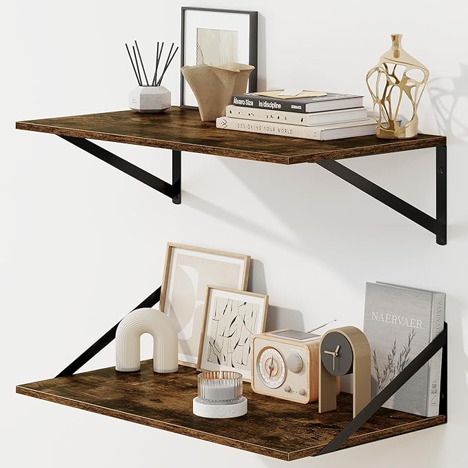 Fun Memories Floating Shelves for Wall, 12 Inch Deep Floating Shelves Set of 2, 24W x 12D Large Wall Shelf with Sturdy Metal Brackets for Living Room, Bathroom, Bedroom and Kitchen, Rustic Brown