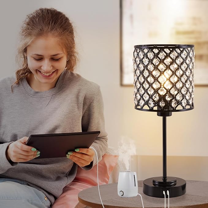 Touch Control Crystal Table Lamp Set of 2, Black Bedside Nightstand Lamps with USB-C+A Charging Ports 3-Way Dimmable Crystal Decorative Desk Lamp for Bedroom Guest Room Living Room, Bulbs Included