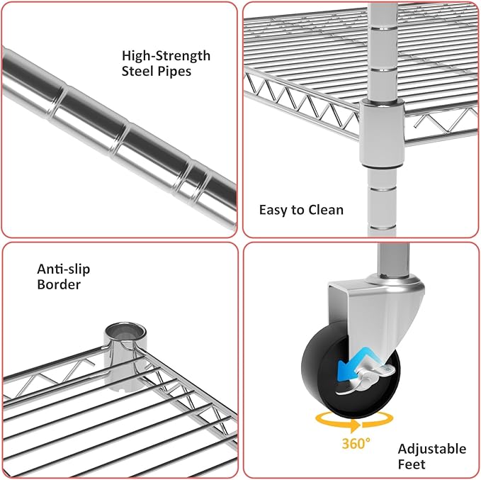 Garage Shelving with Wheels, 5 Tier Shelving Unit and Adjustable Feet, 865 lb High Capacity Rolling Storage Shelf for Kitchen, Office, Dining Room, Garage(23.6"x 17.7"x 72"), Chrome