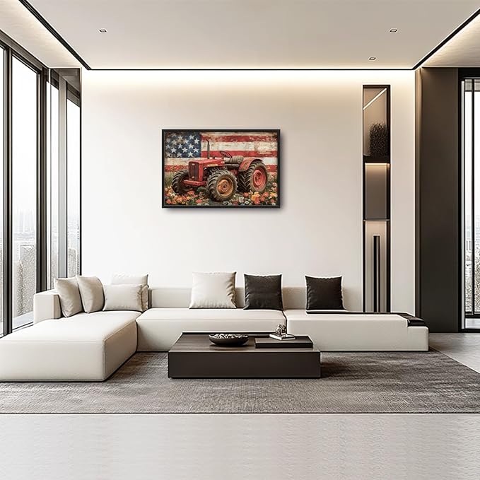 Framed Large Wall Art for Living Room, Farmhouse Tractors Canvas Wall Decor, Large Rustic Country Wildflowers Pictures Framed Painting, Natural Landscape Artwork for Bedroom Office Home Decor 36L'' × 24W''
