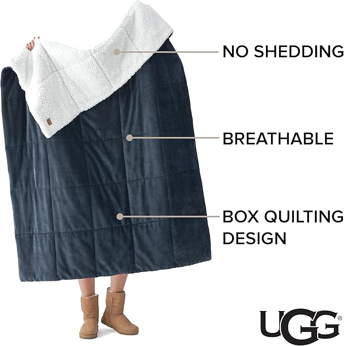 UGG Nita Throw Blanket Soft Reversible Plush Throw for Couch or Bed Washable Warm Fluffy Blanket for College Dorm Room Essentials and Bedding with Down Alternative Fill, 50-inch x 70-inch, Navy Blue