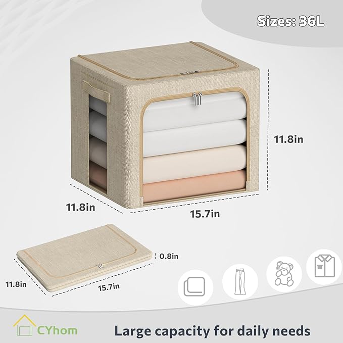 Clothes Storage Bins Box - Linen Fabric Foldable Stackable Container Organizer Set with Clear Window & Carry Handles & Metal Frame for Bedding, Blankets, Books (Beige, Medium-36L)