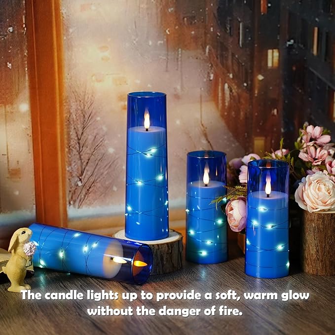 Flameless LED Candles with Timer 5 Pc Flickering Flameless Candles for Romantic Ambiance and Home Decoration Stable Acrylic Shell,with Embedded Star String，Battery Operated Candles（Blue）