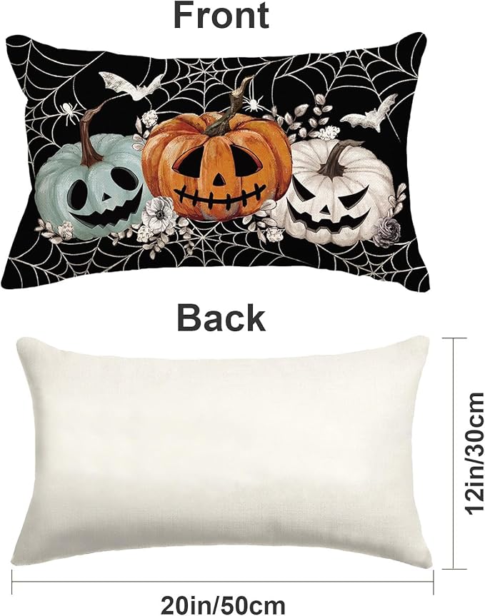 Baccessor Halloween Pillow Cover 12x20 Inch, Black Pumpkins Bats Spider Web Lumbar Pillow Case Halloween Decor for Cushion Sofa Couch Indoor Outdoor Decoration 1 Piece