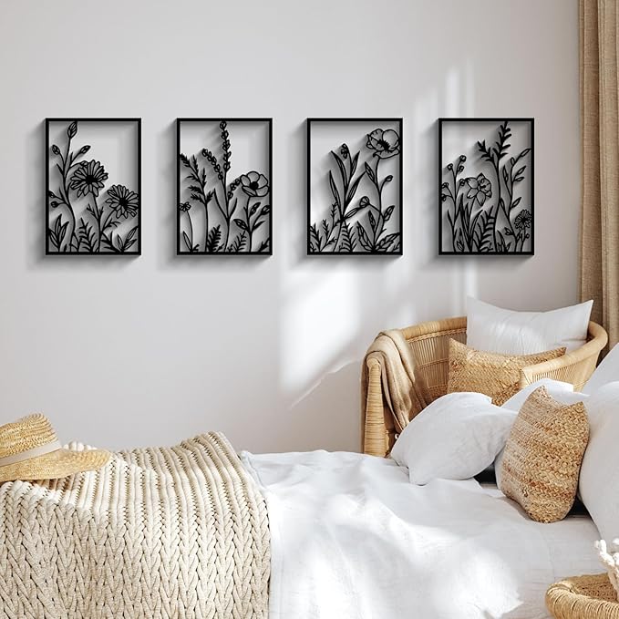 Glamativity 4 Pcs Black Abstract Flowers Metal Wall Art, Minimalist Floral Single Line Wall Décor, 3D Textured Sculptures, Rustic Nature Wall Art Décor for Living Room, Bedroom, Study (L Size 22.5x15.7'')