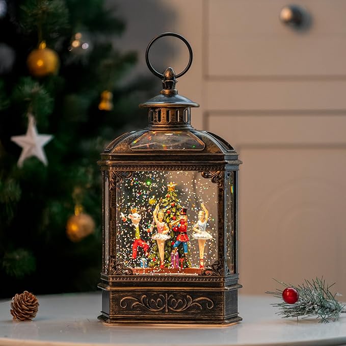 Christmas Snow Globe Lantern Water Glittering Nutcracker Ballet Stage with Music & Timer, USB Lined/Battery Operated Lighted Lantern for Christmas Festival Decoration Gifts
