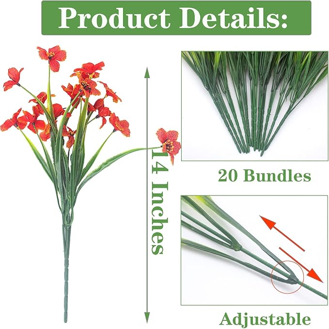 20 Bundles Artificial Flowers, Outdoor Indoor UV Resistant Fake Flowers No Fade Faux Plastic Plants Garden Porch Window Box Decoration