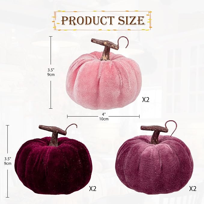 Briful Fall Pumpkins Decoration for Home, 6PCS Velvet Fake Pumpkin Decor for Autumn Harvest Thanksgiving Halloween Party Baby Shower Table Centerpiece Mantel Decoration(4 Inch, Purple/Burgundy/Pink)
