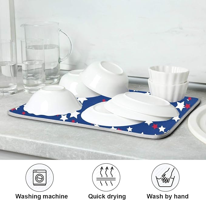USA Patriotic Stars Memorial Dish Drying Mat 18 X 24 Inch Red Blue White Independence Day Dry Dishes Pads Tableware Mats Protector for Kitchen Countertops Counter Home Decorations