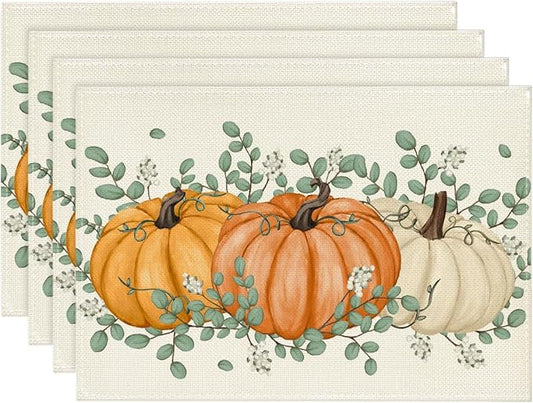 Artoid Mode Orange Pumpkins Eucalyptus Leaves Fall Placemats Set of 4, 12x18 Inch Autumn Thanksgiving Holiday Table Mats for Party Kitchen Dining Decor