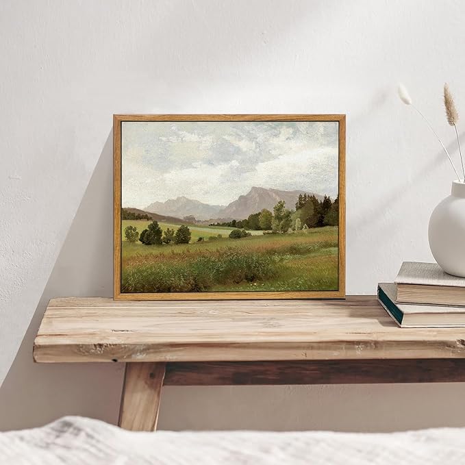 KBKBART Framed Vintage Landscape Wall Art Prints, Retro Muted Green Forest Valley Nature Wilderness Canvas Painting, Farmhouse Decor Wall Art for Bedroom, Bathroom,Vintage Wall Decor(8"x10")