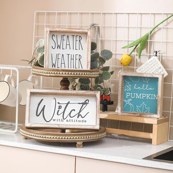 Embossed Witch Sign, Farmhouse Halloween Decorations Indoor, Vintage Halloween Tiered Tray Decor, Funny Spooky Halloween Centerpieces for Table Cubicle Desk Mantel Fireplace