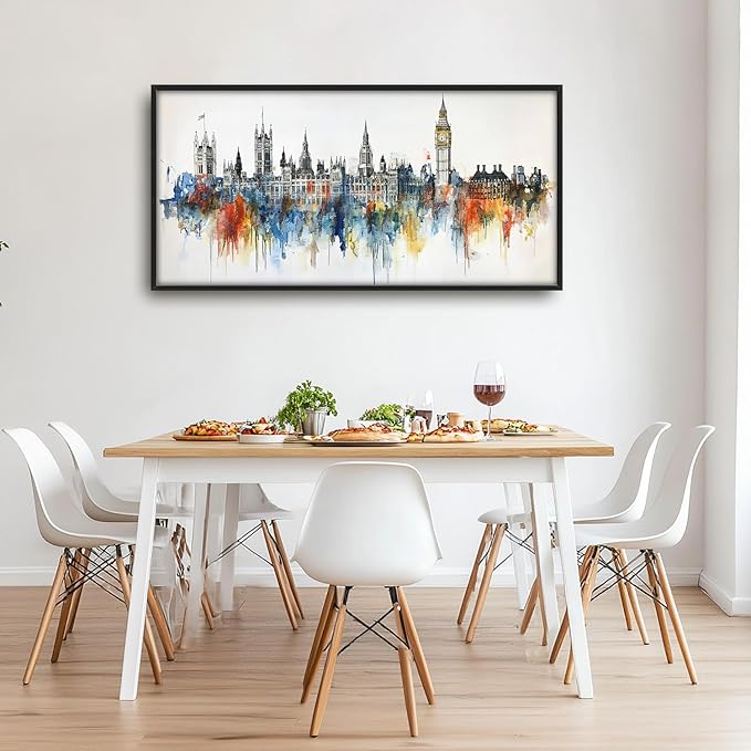 Flintis Large London Framed Wall Art Big Ben Pictures Wall Decor Abstract City Landscape Watercolor Canvas Painting Print Artworks Decor Framed for Living Room Bathroom Master Bedroom 60L X 30W