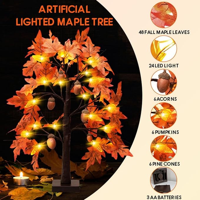 Fall Maple Leaf Table Lighted Tree - Thanksgiving Decorations 2 Pack Home Decor with 48 LED Lights for Indoor Outdoor Room Decoration Artificial Harvest Autumn Trees Battery Operated for Home Party