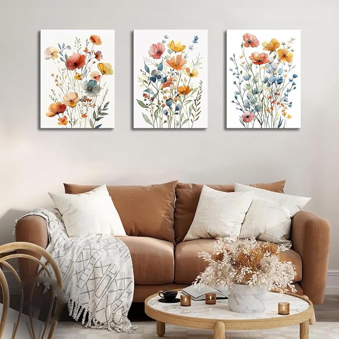 Watercolor Flowers Bathroom Canvas Wall Art, Colorful Wildflower Wall Decor Poster Prints Botanical Artwork for Living Room Bedroom Bathroom Farmhouse Decor 16x24x3pcs