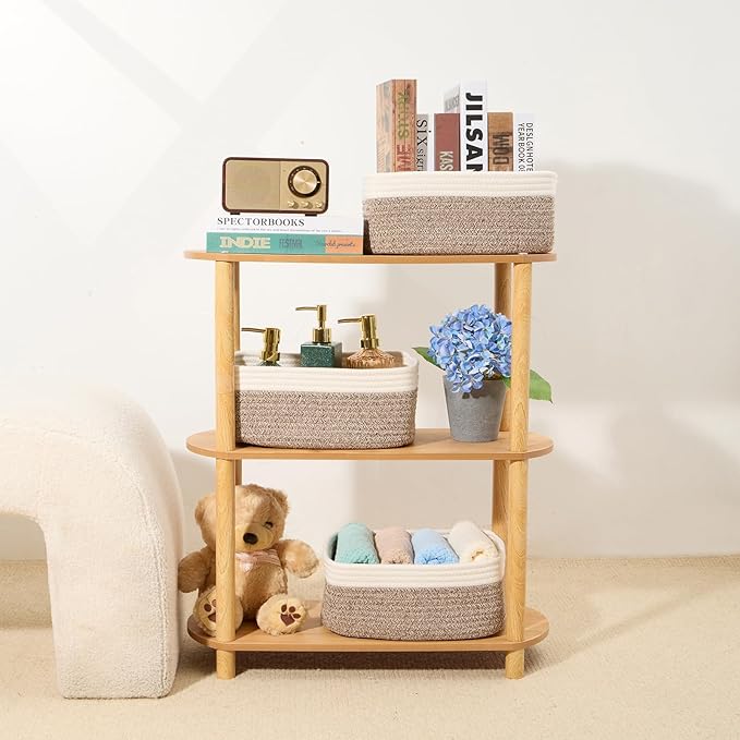 Small Storage Baskets for Organizing | Closet Organizer Bins | Shelf Toy Basket | Woven Rope Baskets | Cube Decorative Box | Shallow Basket | 13x8.5x5.1” | 3 Packs White Brown
