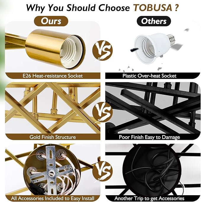 TOBUSA 6-Light Gold Semi Flush Mount Ceiling Light Fixture, Modern Industrial Brushed Golden Sputnik Ceiling Light, E26 Close to Ceiling Light for Kitchen Bedroom Dining Room Living Room Hallway