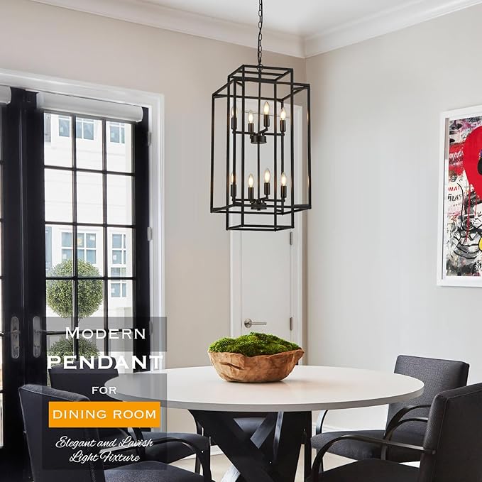 8-Light Black Chandelier,Semi Flush Light Fixture for Farmhouse with Metal Cage,E12 Bulb Socket and Adjustable Height for Dining Room,Kitchen Island,Living Room,Staircase, Entryway and indoor