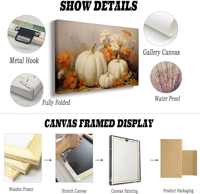 Framed Fall Wall Decor Still Life Canvas Painting Posters Thanksgiving Rustic Fall Wall Art Vintage Autumn poster Halloween Autumn Decor 20x30 framed