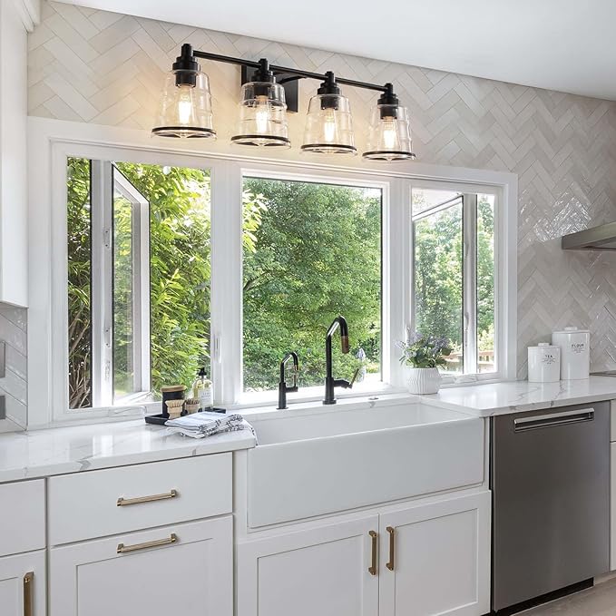 Black Bathroom Vanity Light Fixture, 4 Light Bathroom Light Fixtures Over Mirror with Clear Glass Shade and Metal Base Wall Sconce, 29.1 inch Modern Vanity Light for Bathroom(Exclude E26 Bulb)