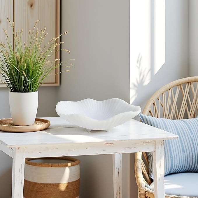 Large Decorative Bowl decor, Scalloped Pedestal Bowls,Modern Home Decor,Ruffle Decor,Stylish Key Bowl for Entry Table,Decorative Fruit Bowl for Kitchen Counter, Artificial Stone Milky white