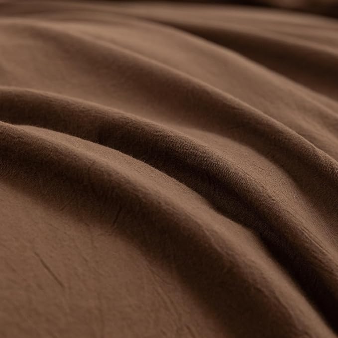 BESTOUCH Duvet Cover Set 100% Washed Cotton Linen Feel Super Soft Comfortable Chic Lightweight 3 PCs Home Bedding Set Solid Cocoa Brown Queen