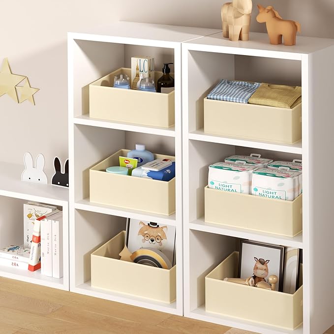 DIMJ Large Closet Storage Bins 8 Pack - Fabric Trapezoid Closet Organizer Bin, Foldable Storage Baskets for Shelves, Closet Shelf Organizer, Clothing Storage Box for Toys, Books, Towel, Clothes, Beige